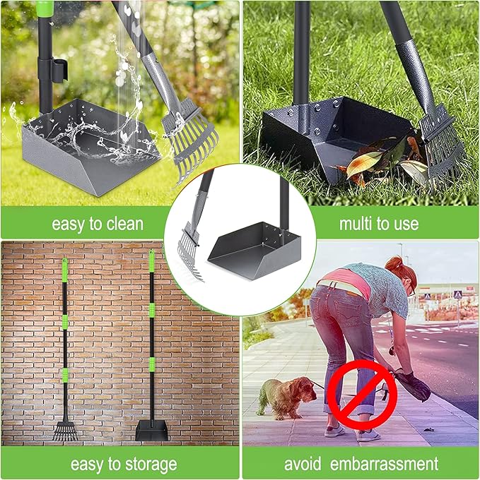 Niubya Pooper Scooper for Dogs, Metal Poop Scooper Tray and Rake Set with Adjustable Long Handle, Dog Pooper Scooper for Pet Waste Removal-Mewly Pet