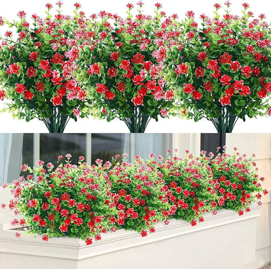 GREENRAIN Artificial Flowers Outdoor Fake Flowers for Decoration UV Resistant No Fade Faux Plastic Plants Garden Porch Window Box Décor (18 Bundles, 6#Red)