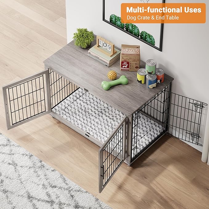 Lulive Dog Crate Furniture, XL Wooden Dog Kennel Indoor Double Doors Dog Cage, 44'' Heavy Duty Dog Crate with Cushion & Wheels, Decorative End Table Chew-Resistant for Extra Large/Medium, Grey-Mewly Pet