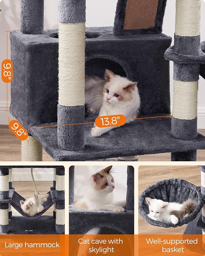 Feandrea Cat Tree, 66.1-Inch Large Cat Tower with 13 Scratching Posts, 2 Perches, 2 Caves, Basket, Hammock, Pompoms, Multi-Level Plush Cat Condo for Indoor Cats, Smoky Gray UPCT165G01-Mewly Pet