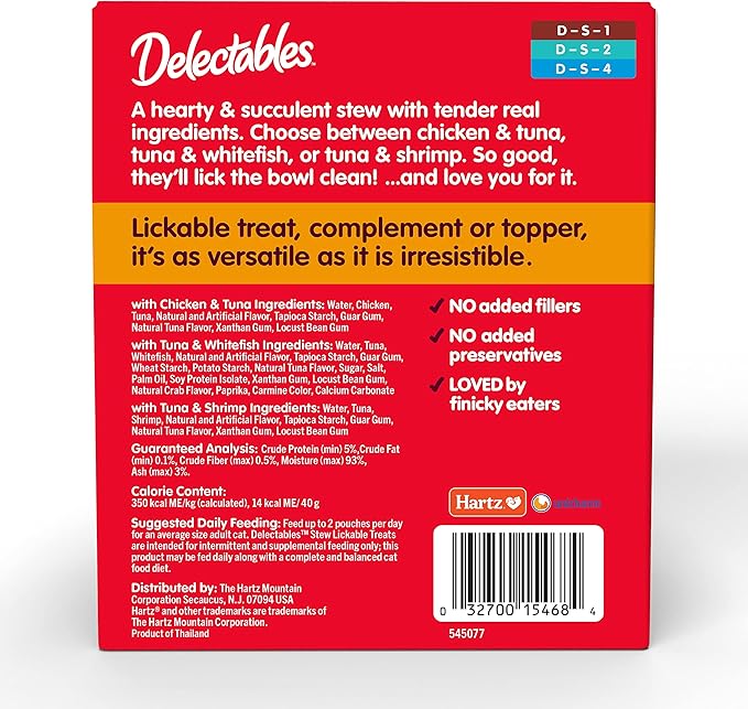 Hartz Delectables Stew Lickable Wet Cat Treats for Adult & Senior Cats, Variety Pack, 1.4 Ounce (Pack of 12)-Mewly Pet