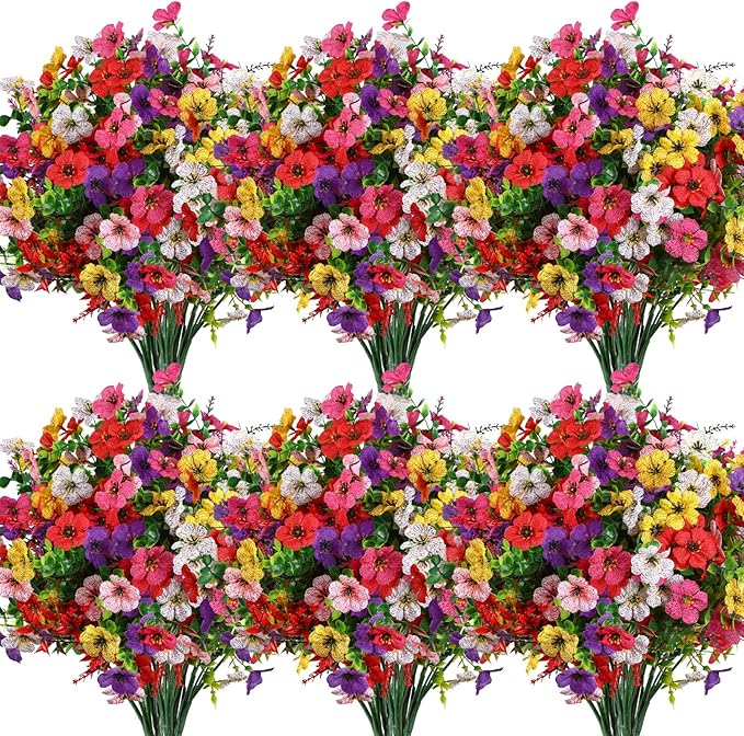 SHareconn 48 Bundles Artificial Flowers for Outdoors, Faux Plants Fake Silk Colorful Daisy Eucalyptus Lavender, UV Resistant for Outside Home Porch Patio Spring Decor, RedRosyPurpleYellowPinkWhite