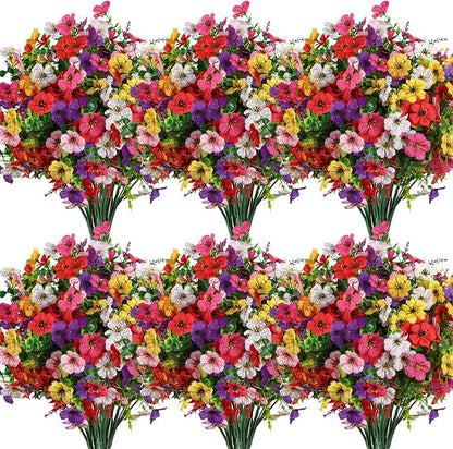 SHareconn 24 Bundles Artificial Flowers for Outdoors, Faux Plants Fake Silk Colorful Daisy Eucalyptus Lavender, UV Resistant for Outside Home Porch Patio Spring Decor, RedRosyPurpleYellowPinkWhite