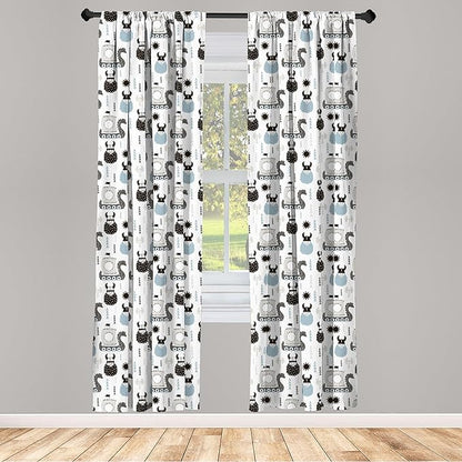 Ambesonne Scandinavian Curtains, Viking Longboat Design Cartoon Style Character Illustration, Window Treatments 2 Panel Set for Living Room Bedroom, Pair of - 28" x 84", Blue Grey