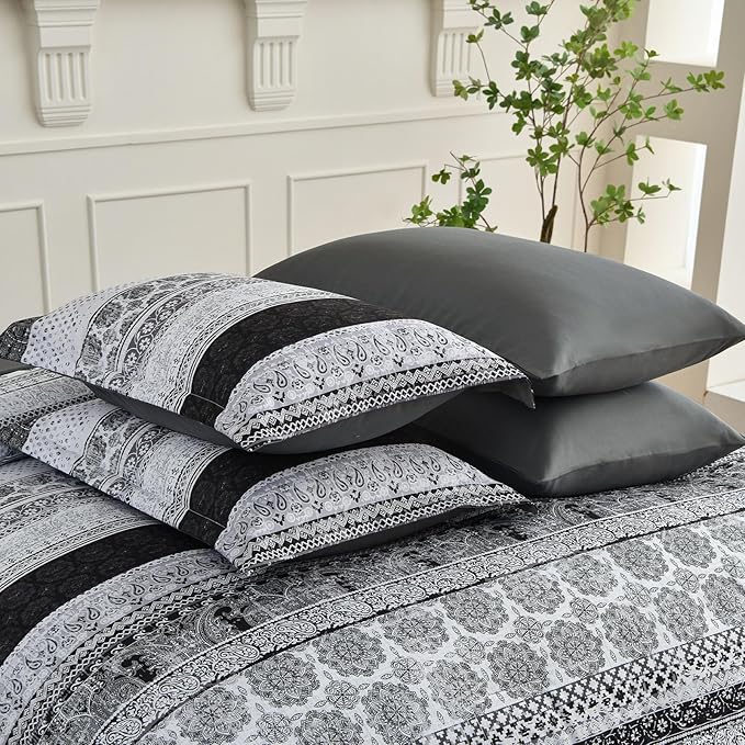 Boho King Size Comforter Set 8 Pieces,Gray Bohemian Striped Bed in a Bag,Floral Soft Microfiber Bedding Comforter Set