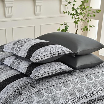 Boho King Size Comforter Set 8 Pieces,Gray Bohemian Striped Bed in a Bag,Floral Soft Microfiber Bedding Comforter Set