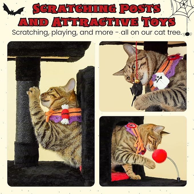 MWPO Gothic Large Cat Tree, 70.1-Inch Multi-Level Tall Cat Tower for Indoor Cats, Plush Cat Condo with Big Padded Perches, Sisal-Covered Scratching Posts, Hammock, Toys for Kittens & Cats, Black-Mewly Pet