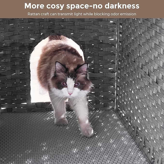 Cat Litter Box Enclosure with Litter Trapping Mat; Handwoven Plastic Rattan Cat House; No Installation Hidden Cat Washroom; Pet Crate for Balcony,Bedroom,Living Room-Mewly Pet