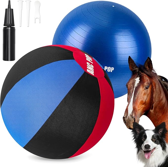 Herding Ball for Dogs Horse Ball& Cover 25" for Horses Large with Hand Pump for Play, Red and Blue and Black-Mewly Pet