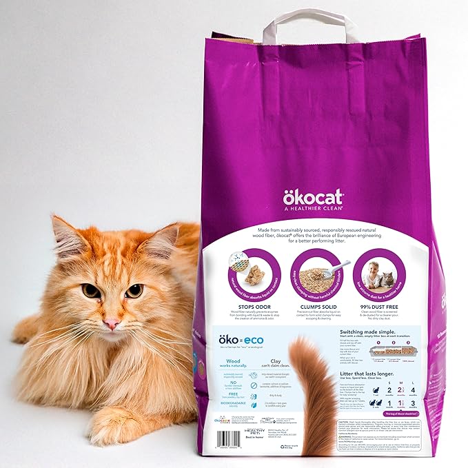 ökocat Less Mess Low Tracking Wood Clumping Cat Litter Mini- Pellets, Unscented, 14 pounds - Natural Ingredients, Stops Odor, Clumps Solid, 99% Dust Free, Great for Long-Hair Breeds-Mewly Pet