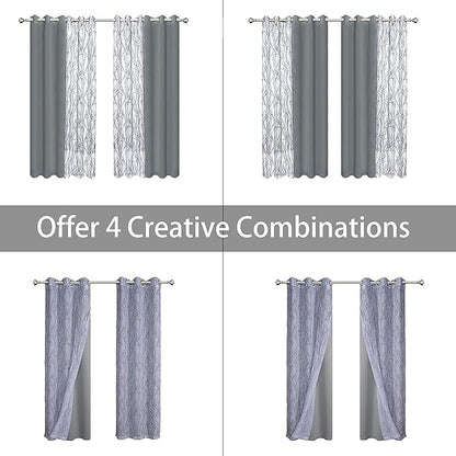BONZER Mix and Match Curtains - 2 Pieces Branch Print Sheer Curtains and 2 Pieces Blackout Curtains for Bedroom Living Room Grommet Window Drapes, 37x63 Inch/Panel, Light Grey, Set of 4 Panels
