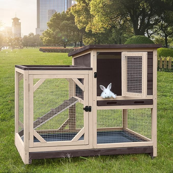 GUTINNEEN 2-Story Rabbit Hutch with Chew-Proof Ramp & Pull-Out Trays - Indoor/Outdoor 39.3" Wooden Rabbit Cage on Wheels for Rabbits, Guinea Pigs (Dark Brown)-Mewly Pet