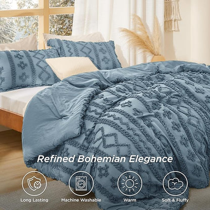 Bedsure Tufted Boho Comforter Set Full Size - Grayish Blue Boho Bed Set, GentleSoft™ 3 Pieces Farmhouse Shabby Chic Embroidery Bedding, Gifts for Woman, Soft Jacquard Full Comforter for All Seasons
