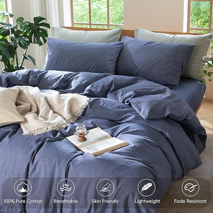 MooMee Bedding Duvet Cover Set 100% Washed Cotton Linen Like Textured Breathable Durable Soft Comfy (Heathered Blue, Oversized Queen 98"x98")