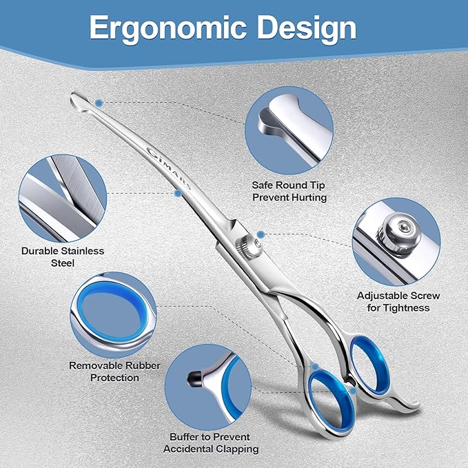 Gimars Titanium Coated Professional 6 in 1 4CR Stainless Steel Dog Grooming Scissors with Safety Round Tip, Heavy Duty Pet Grooming Scissor for Dogs, Cats and Other Animals-Mewly Pet