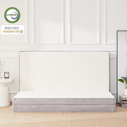 Folding Memory Foam Mattress, 4" Tri-fold with Breathable Washable Bamboo Fiber Cover, Foldable Guest Bed for Camping, Road Trip, Queen