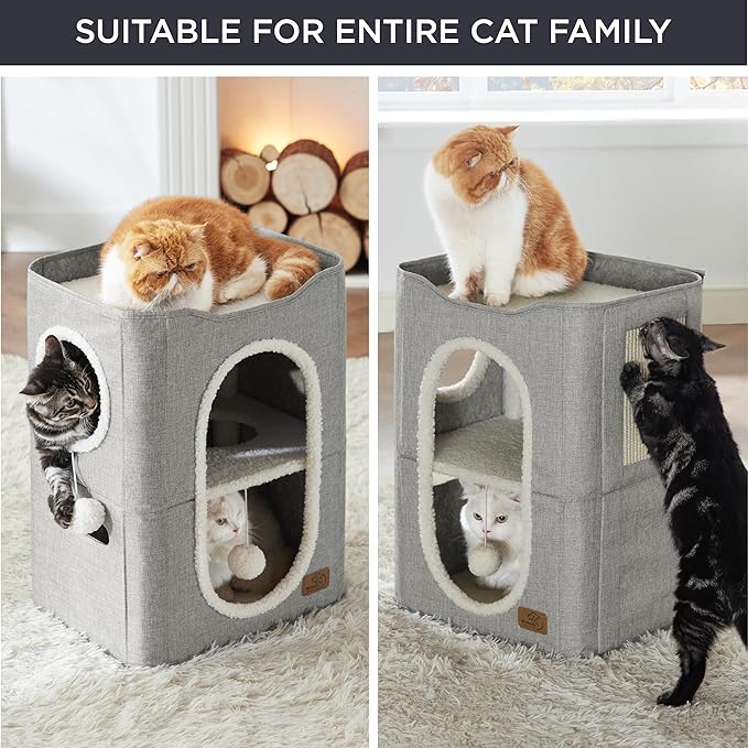 Bedsure 2 Story Cat House - Cat Condos for Indoor Cats with Scratch Pad and Fluffy Ball Hanging, Small Pet Cave Furniture Hideaway for Multi Pets, 18x14x23 inches, Grey-Mewly Pet
