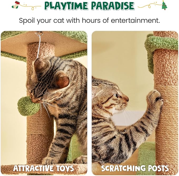 MWPO 63.8 Inches Green Cat Tree for Indoor Cats, Multi-Level Cat Tower with Sisal-Covered Scratching Posts, Padded Platform, Hammock, Dangling Toys, Stable Cat Condo Pet Play House-Mewly Pet