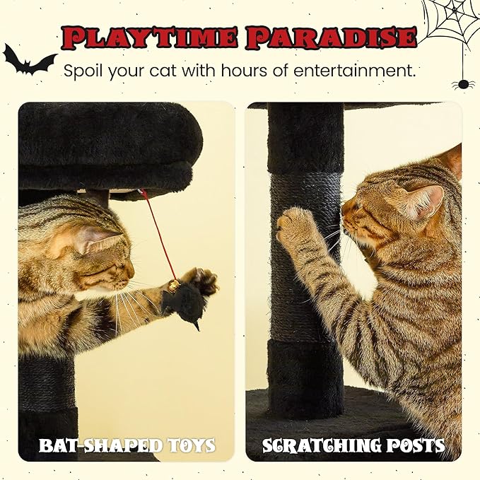 MWPO Gothic Cat Tree for Indoor Cats, 63.8 Inches Multi-Level Cat Tower with Sisal-Covered Scratching Posts, Padded Platform, Hammock, Dangling Toys, Stable Cat Condo Pet Play House, Black-Mewly Pet