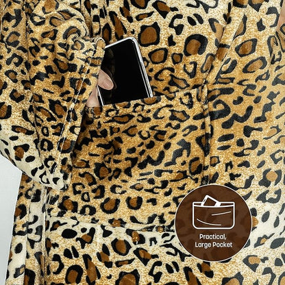 Catalonia Wearable Fleece Blanket with Sleeves and Foot Pockets for Adult Women Men, Micro Plush Comfy Wrap Sleeved Throw Blanket Robe Large, Cheetah