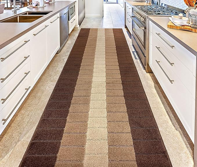 Custom Size Modern Geometric Pattern Carpet Runner Rug for Hallways, Slip Resistant Latex Rubber Backed, 31 inch Wide X Customized Length, Squares Brown, 31 inch X 16 feet