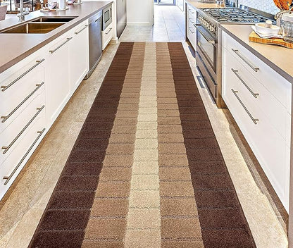 Custom Size Modern Geometric Pattern Carpet Runner Rug for Hallways, Slip Resistant Latex Rubber Backed, 31 inch Wide X Customized Length, Squares Brown, 31 inch X 16 feet