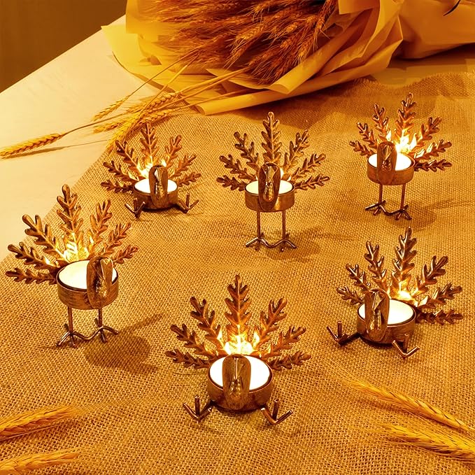 FORUP 12 Pack Metal Turkey Tea Light Candle Holders, Thanksgiving Candle Holder, Thanksgiving Home Table Decoration
