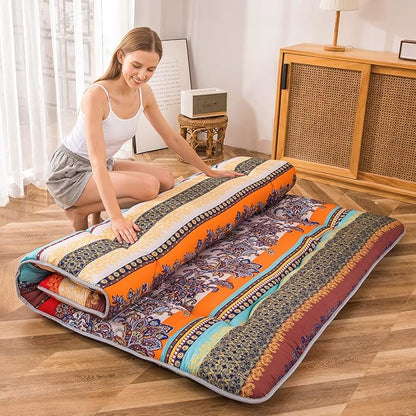 MAXYOYO Bohemian Retro Floor Mattress Vintage Floral Japanese Futon Mattress Roll Up Thicken Sleeping Bed Portable Camping Mattress Floor Lounger Couch Bed Pad, Twin Size