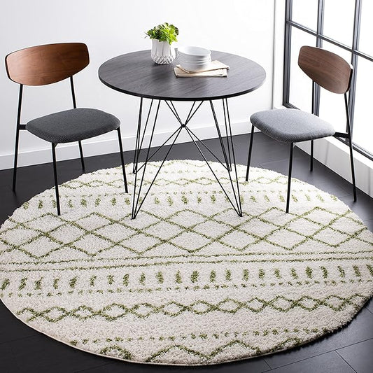 SAFAVIEH Arizona Shag Collection Area Rug - 3'2" Round, Ivory & Green, Moroccan Design, Non-Shedding & Easy Care, 1.6-inch Thick, Ideal for The Living Room, Dining, Bedroom (ASG741Y)