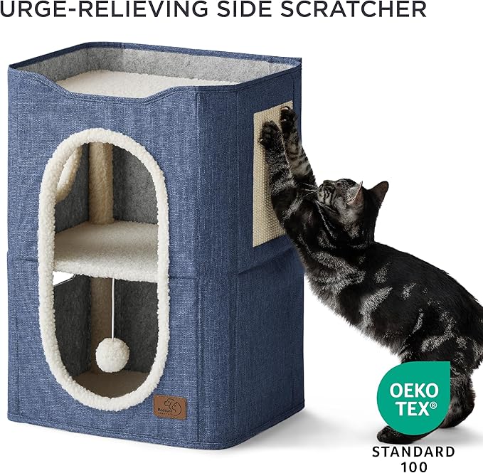 Bedsure 2 Story Cat House - Cat Condos for Indoor Cats with Scratch Pad and Fluffy Ball Hanging, Small Pet Cave Furniture Hideaway for Multi Pets, 18x14x23 inches, Blue-Mewly Pet