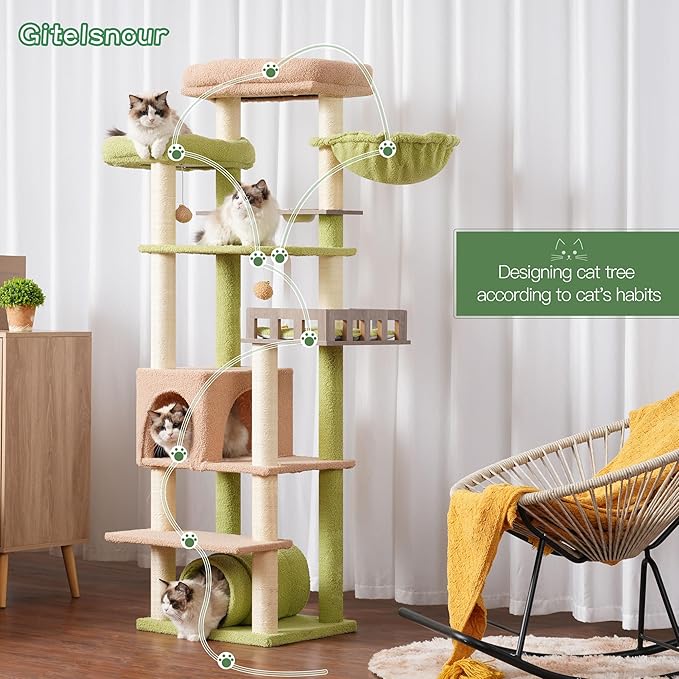 Cat Tree with Tunnel, Cat Tower for Indoor Cats, Tall Cactus Cat Tree Tower with Cat Condo, Food Station, Large Platform, Scratching Posts, Hammock, Green and Yellow GCT021GY-Mewly Pet
