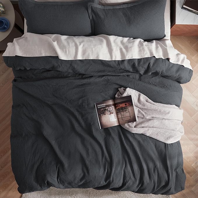 Bedsure Cotton Duvet Cover Queen - 100% Cotton Waffle Weave Charcoal Duvet Cover Queen Size, GentleSoft™ and Breathable Bedding Set for All Season, 3 Pieces, 90"x90"