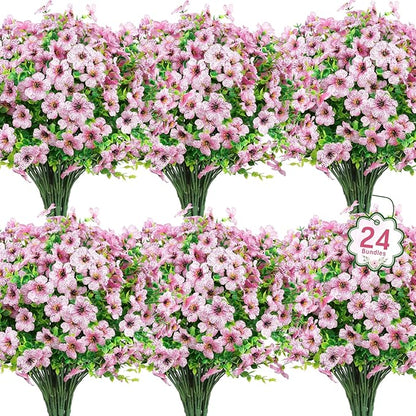 Ouddy Decor 24 Bundles Artificial Flowers for Outdoors Fake Silk Flowers UV Resistant Faux Plastic Plants for Spring Summer Garden Porch Window Box Table Vase Home Indoor Outdoor Decoration, Pink