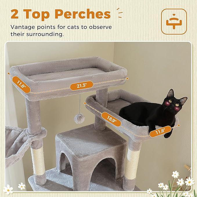 81 Inches Tall Cat Tree for Indoor Cats Large Adult - Heavy Duty Multi-Level Cat Tower with Large Metal Frame Hammock, Scratching Pad, 2 Top Perches, 2 Cozy Condos & 6 Scratching Posts - Gray-Mewly Pet