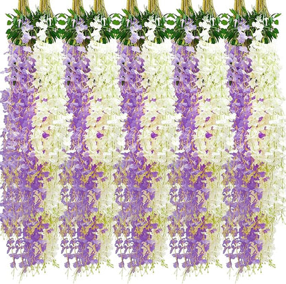 Giegxin 24 Pcs Artificial Wisteria Hanging Flowers 3.6 ft Artificial Fake Wisteria Vine Rattan Hanging Garland Silk Flowers String for Wall Home Wedding Party Greenery Decorations (Purple,White)