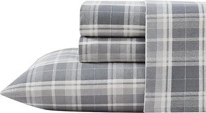 Laura Ashley - Flannel Sheets Full Size, Anti-Pilling & Wrinkle Resistant Cotton, Touchably Soft for All-Season Comfort - Bed Sheets with Matching Pillowcases & Fitted Sheet (Mulholland Plaid Grey)