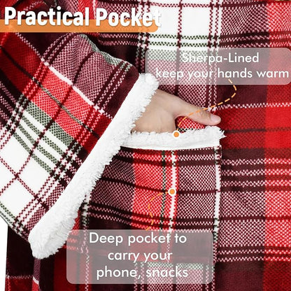 Catalonia Sherpa Wearable Blanket with Sleeves & Foot Pockets for Adult Women Men, Comfy Snuggly Wrap Sleeved Throw Blanket Robe, Gift Idea, Plaid