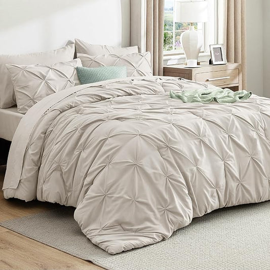 Bedsure Queen Comforter Set Linen - Bed in a Bag Queen Size Bedding 7 Pieces, GentleSoft™ Pintuck Bed Set Gift for Family, Pinch Pleat All Season Comforter with Sheets, Pillowcases & Shams