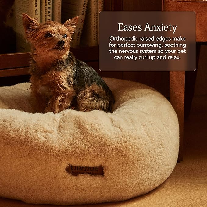 UnHide Floof Pet Bed - Small (23" x 8") - Extra Soft Dog Bed - Removable Faux Fur Cover - Machine Washable - Helps Ease Pet Anxiety & Provides The Perfect Sleep - Beige Bear-Mewly Pet