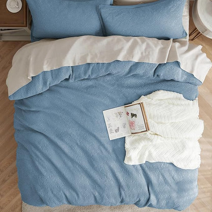 Bedsure Cotton Duvet Cover King - 100% Cotton Waffle Weave Grey Blue Duvet Cover King Size, GentleSoft™ and Breathable Bedding Set for All Season, 3 Pieces, 104"x90"