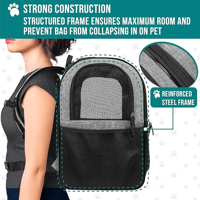 PetAmi Dog Backpack Carrier for Small Large Cat, Pet, Puppies, Ventilated Pet Hiking Backpack Travel Bag, Airline Approved Cat Backpack Carrier, Safety Back Support, Camping Biking, Max 18 lbs, Grey-Mewly Pet