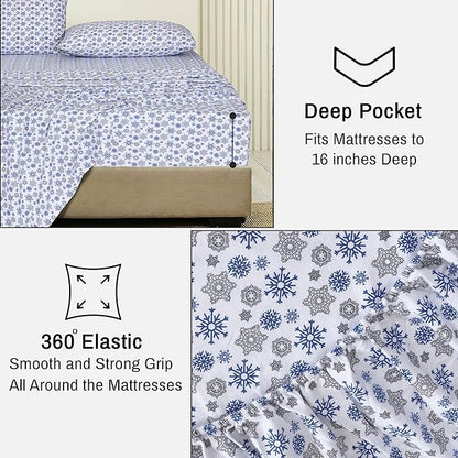 RUVANTI Flannel Sheets Queen Size - 100% Cotton Double Brushed Bed Sheets, Deep Pockets 16 Inches Queen Sheet Set, All Seasons Breathable & Extra Soft - Warm & Cozy, 4 Piece, Snow Flake Grey