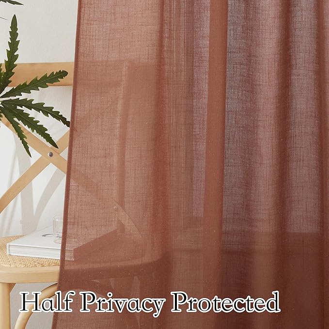 RYB HOME 108 inch Terracotta Fall Curtains Linen Woven - Shabby Chic Modern Elegant Semi Translucent Sheer Drapes Sun Filter for Sliding Glass Door Doorway Hotel, Wide 52 by Long 108, 2 Panels