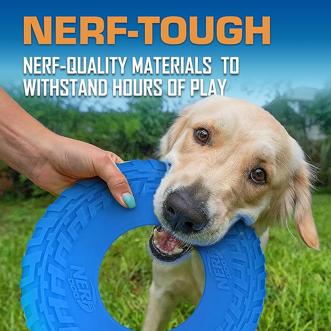 Nerf Dog Tire Flyer Outdoor Dog Toy, 10 Inch Flying Disc Dog Fetch Toy, Rubber Dog Toy for Medium Dogs and Large Dogs, Blue-Mewly Pet