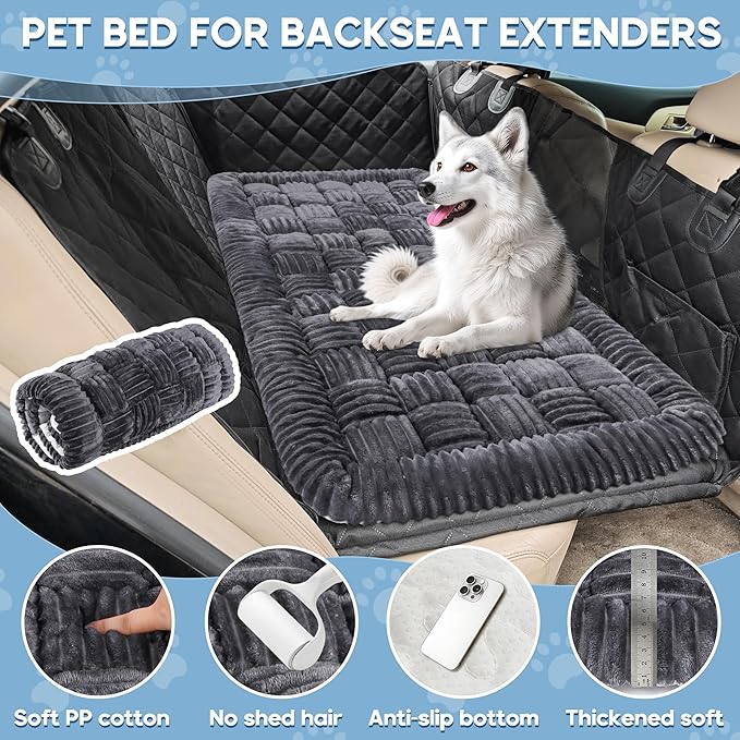 Dog Car Bed Mat, Non-Slip Backseat Extender Pet Blanket, Plaid Dog Bed for SUVs, Sedans & Trucks, Chew-Resistant Travel Pad for Dogs, Easy Clean & Scratch-Proof & Comfort (50"×24.6") Gray-Mewly Pet