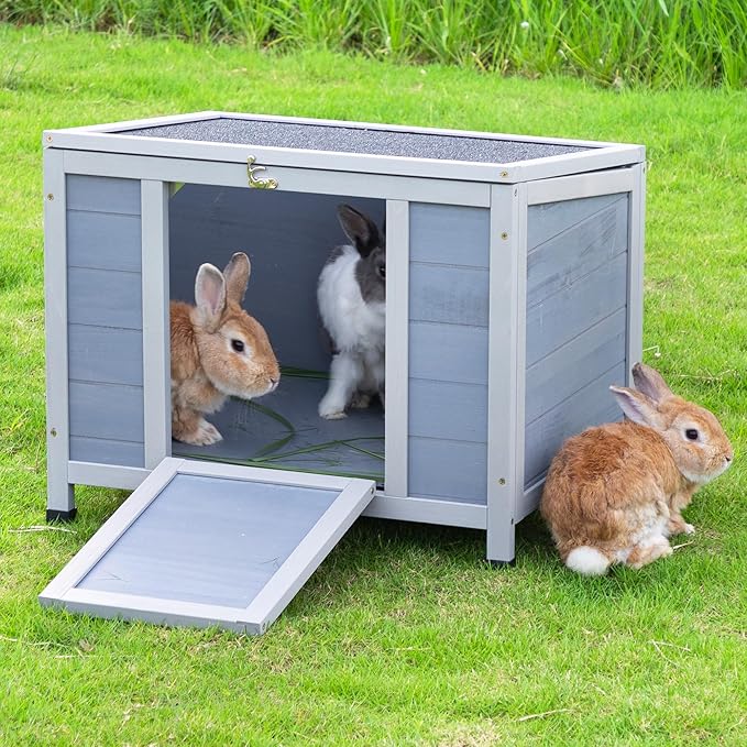 COZIWOW 24inches Wooden Catio Outdoor Cat House Small Animal House，Rabbit Hutch Indoor，Stable Weatherproof Bunny Cage Pet Shelter for Small Cat Dog Rabbit Guinea Pig (Grey)-Mewly Pet