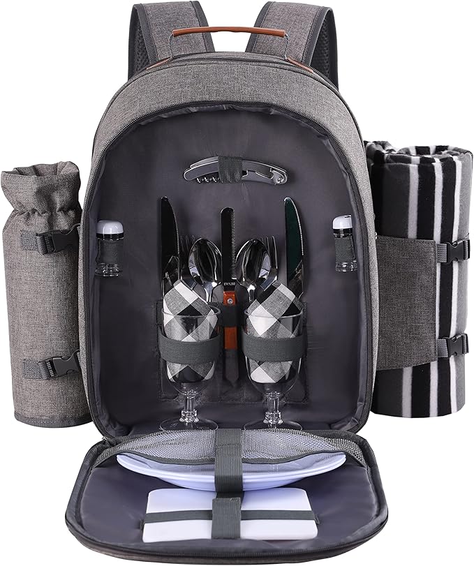 Apollo Walker Picnic Backpack Set for 2 Person with Cooler Compartment, Detachable Bottle/Wine Holder, Fleece Blanket, Plates and Cutlery Set-Mewly Pet
