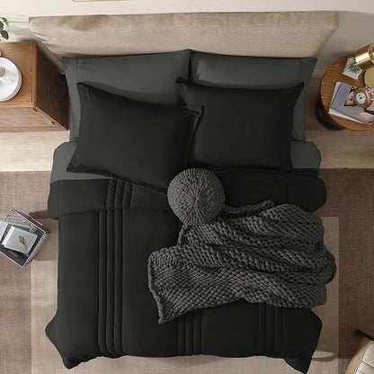 Monbix King Size Comforter Set - 7 Pieces Bed in a Bag King, Black Bedding Sets with Comforter, All Seasons Down Alternative Comforter Bed Set with Sheets, Pillowcases & Shams