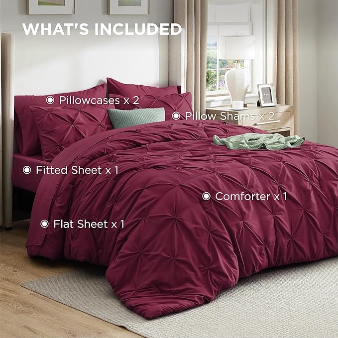 Bedsure California King Comforter Set Burgundy - Bed in a Bag Cal King Bedding Set 7 PCS, GentleSoft™ Pintuck Bed Set Gift for Family, Pinch Pleat Burgundy Comforter with Sheets, Pillowcases & Shams