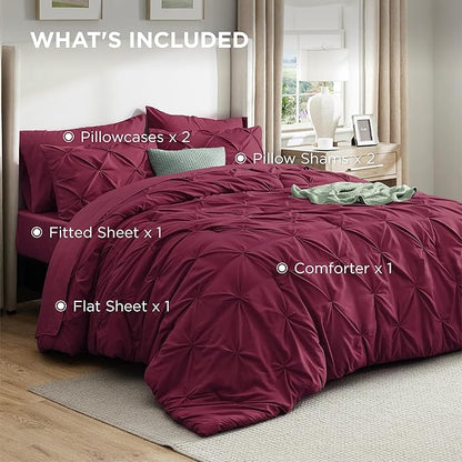 Bedsure California King Comforter Set Burgundy - Bed in a Bag Cal King Bedding Set 7 PCS, GentleSoft™ Pintuck Bed Set Gift for Family, Pinch Pleat Burgundy Comforter with Sheets, Pillowcases & Shams